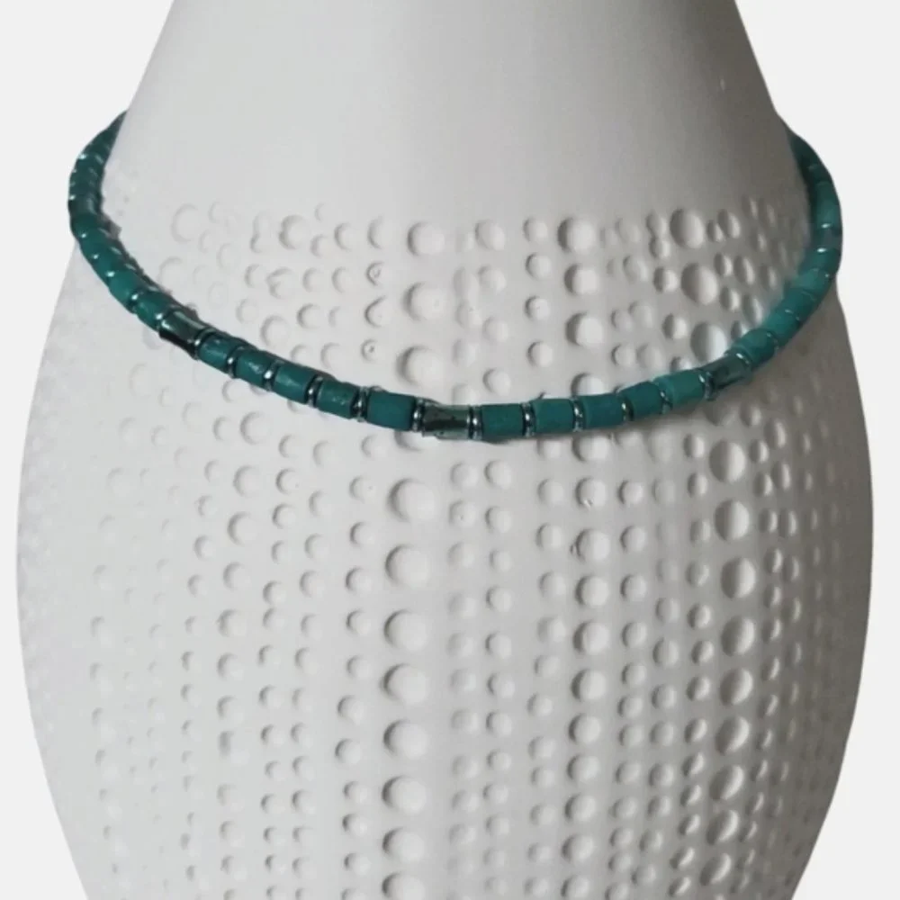 Teal/Turquoise Artisan Cylinder Beaded Choker with teal chain - Picture 1 of 2